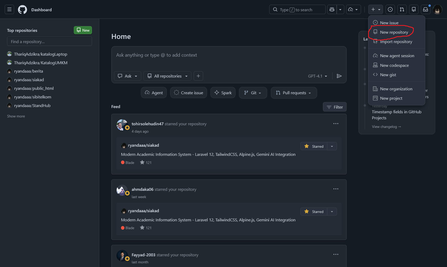 Dashboard GitHub dengan menu New repository