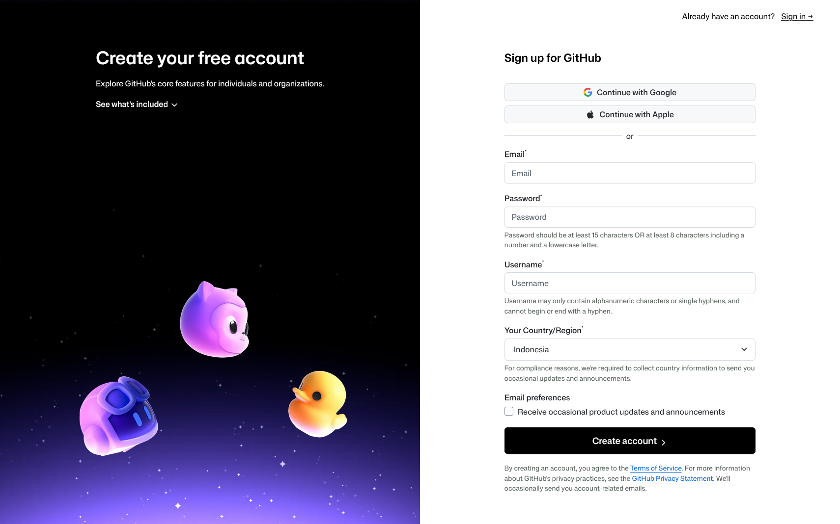 Halaman signup atau login GitHub