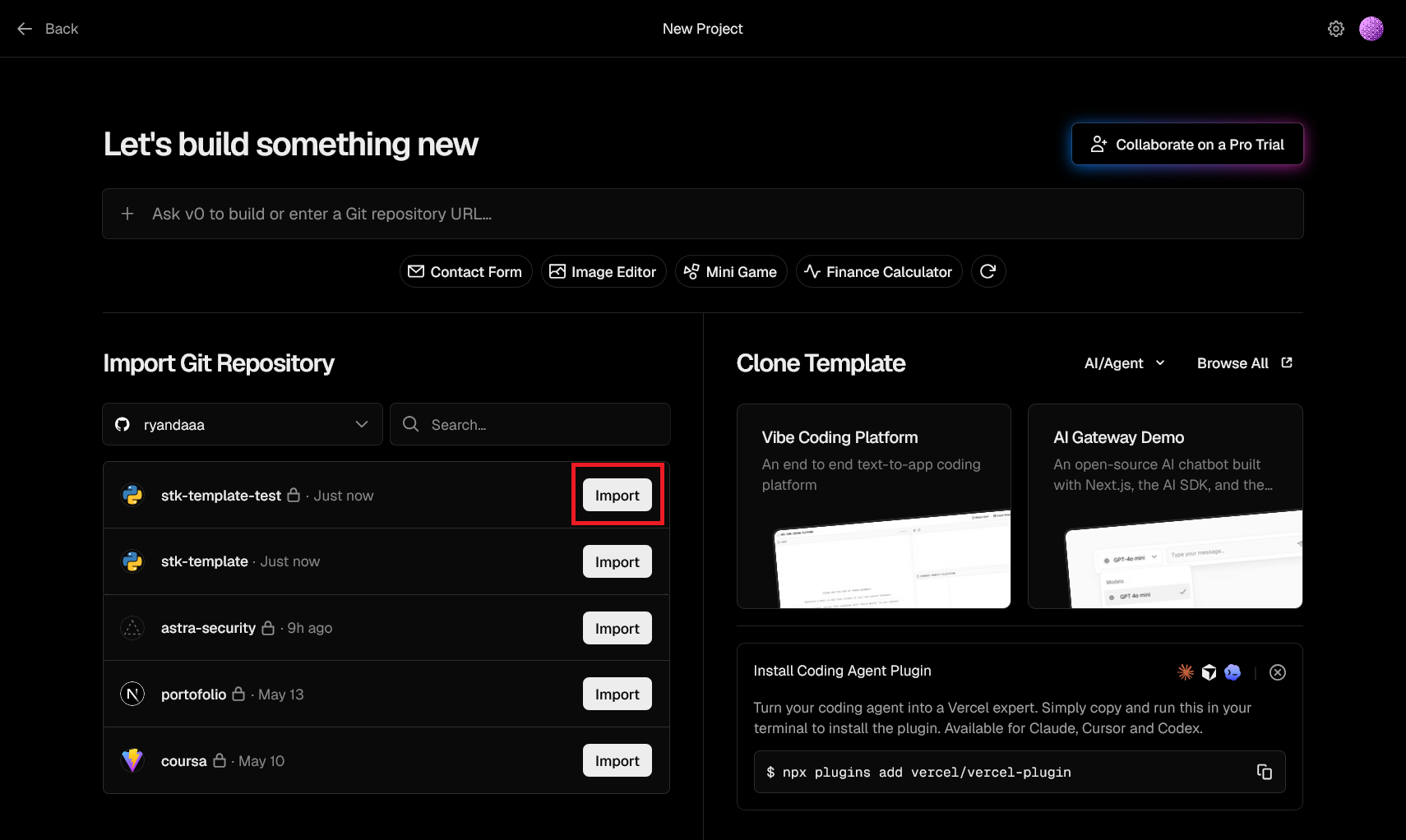 Memilih repository GitHub di Vercel