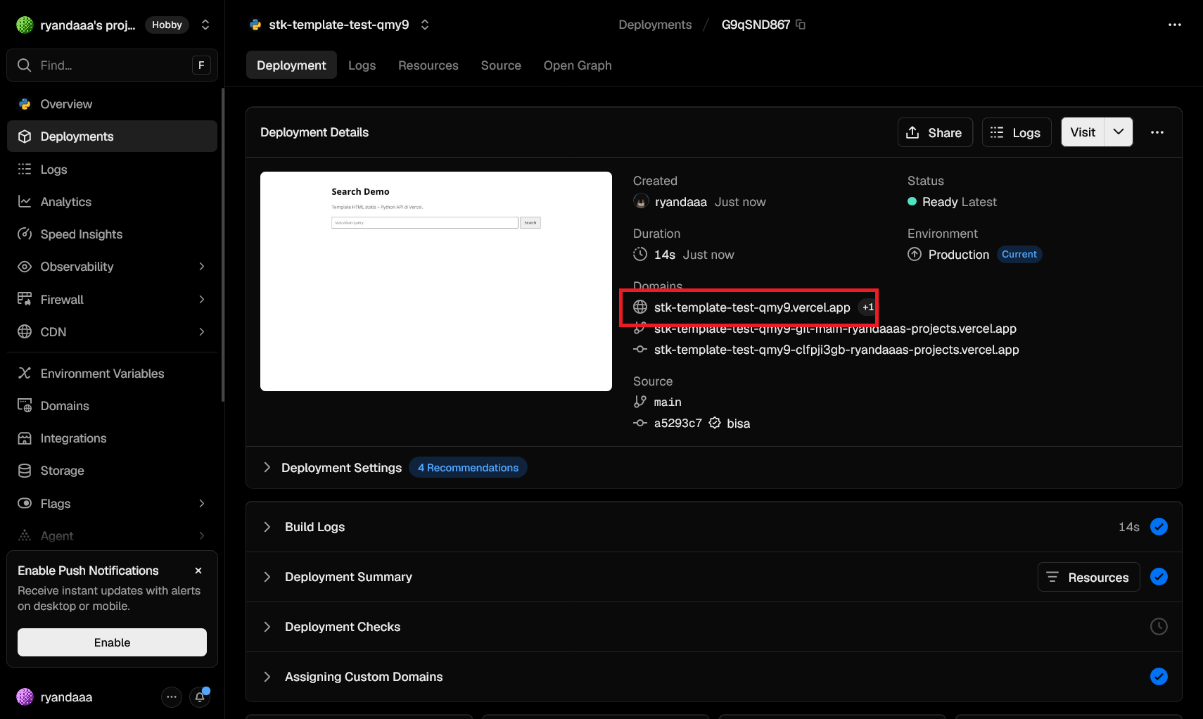 Dashboard deploy Vercel dengan URL